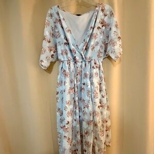 Light Blue Floral Maxi Dress – Gold & Brown Botanical Print, Flowy Boho Style